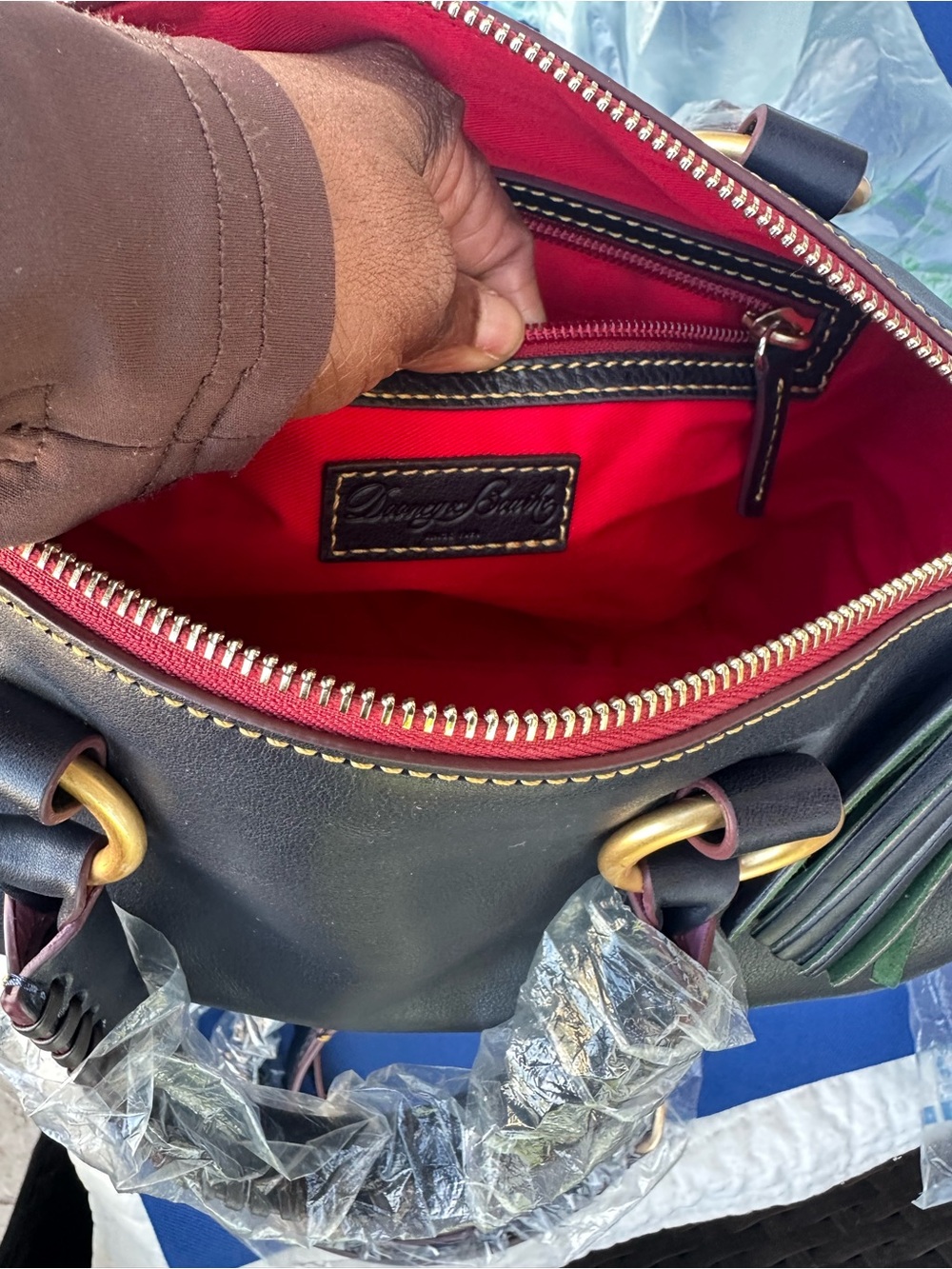 Dooney & Bourke Navy Florentine Satchel with Gold Hardware and Navy Tassel - Picture 5 of 13